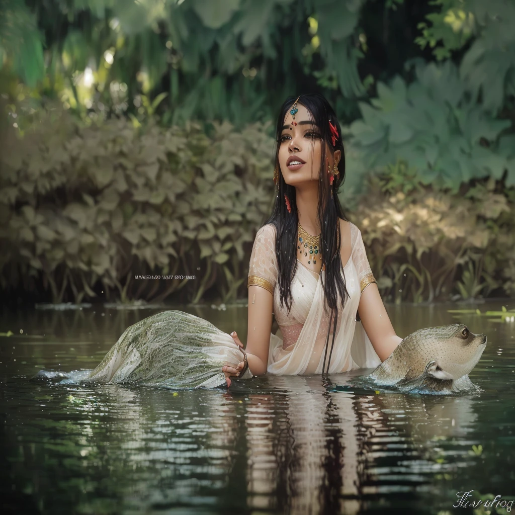 araffe woman in a sari sitting in a river, in a lake, in a pond, assamese aesthetic, in water up to her shoulders, in the water, in water, candid photography, candid picture, nymph in the water, in lake, modeling photography, candid photo, outdoor fine photography, * colour splash *