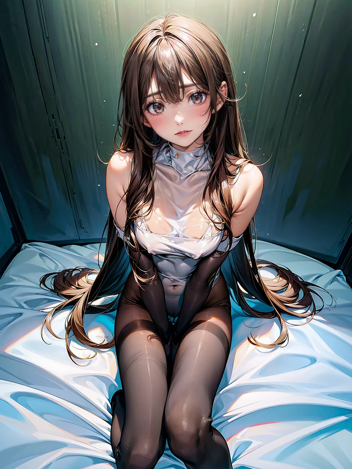 Simple high leg body stockings、A  that covers everything except the face、Brown see-through、 except for full-body tights、1 woman、No background、Kneel on the ground and spread your 、Camera angle looking up from between the legs、View Viewer