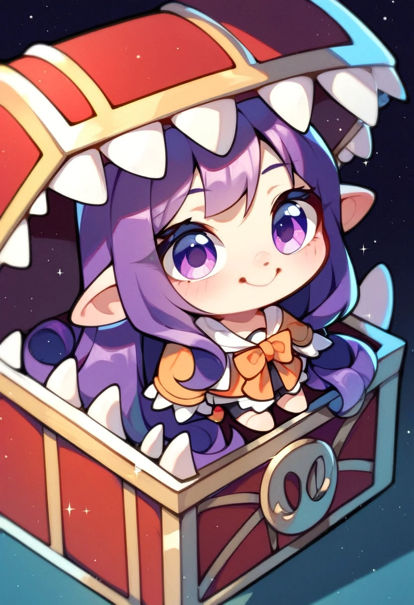 rating_safe, dark background, 1girl, purple hair, cute, chibi, long hair, mimic chest, score_9, score_8_up, score_7_up, score_6_up, score_5_up, score_4_up