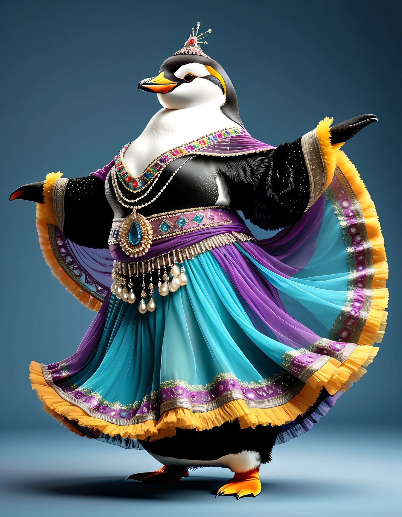 photorealistic portrait of Dressed animals - a ((fat)) ((penguin)) dancer,(furry), (dynamic dancing:2.0), (swinging arms :2.0),(happy smile:1.2),high quality,(happy),(lovely) ,intricate details, (sheer veil), highly detailed (( gypsy belly dancing clothes)) ,highly detailed decorations of clothes, Wearing gypsy belly dancing clothes, , (happy), studio lighting,(full body image:1.5),simple background,(viewed from side:2.0),