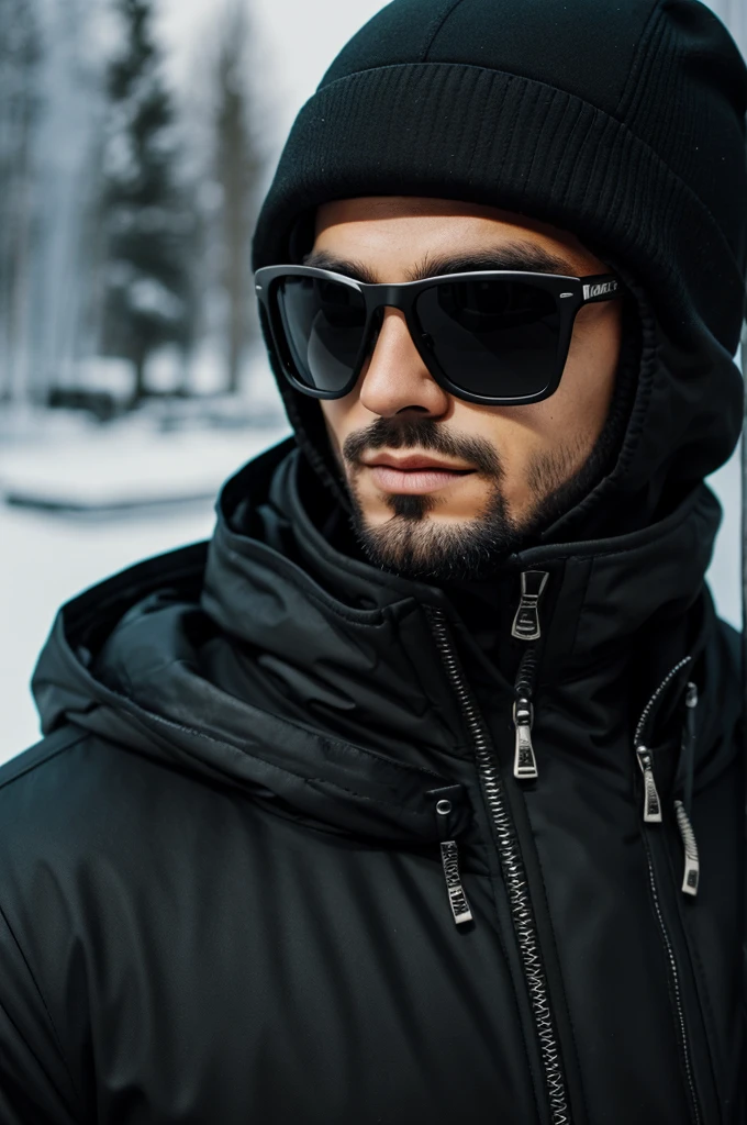 Gangster with Ski Maske in black Look to the cam with sunglasses