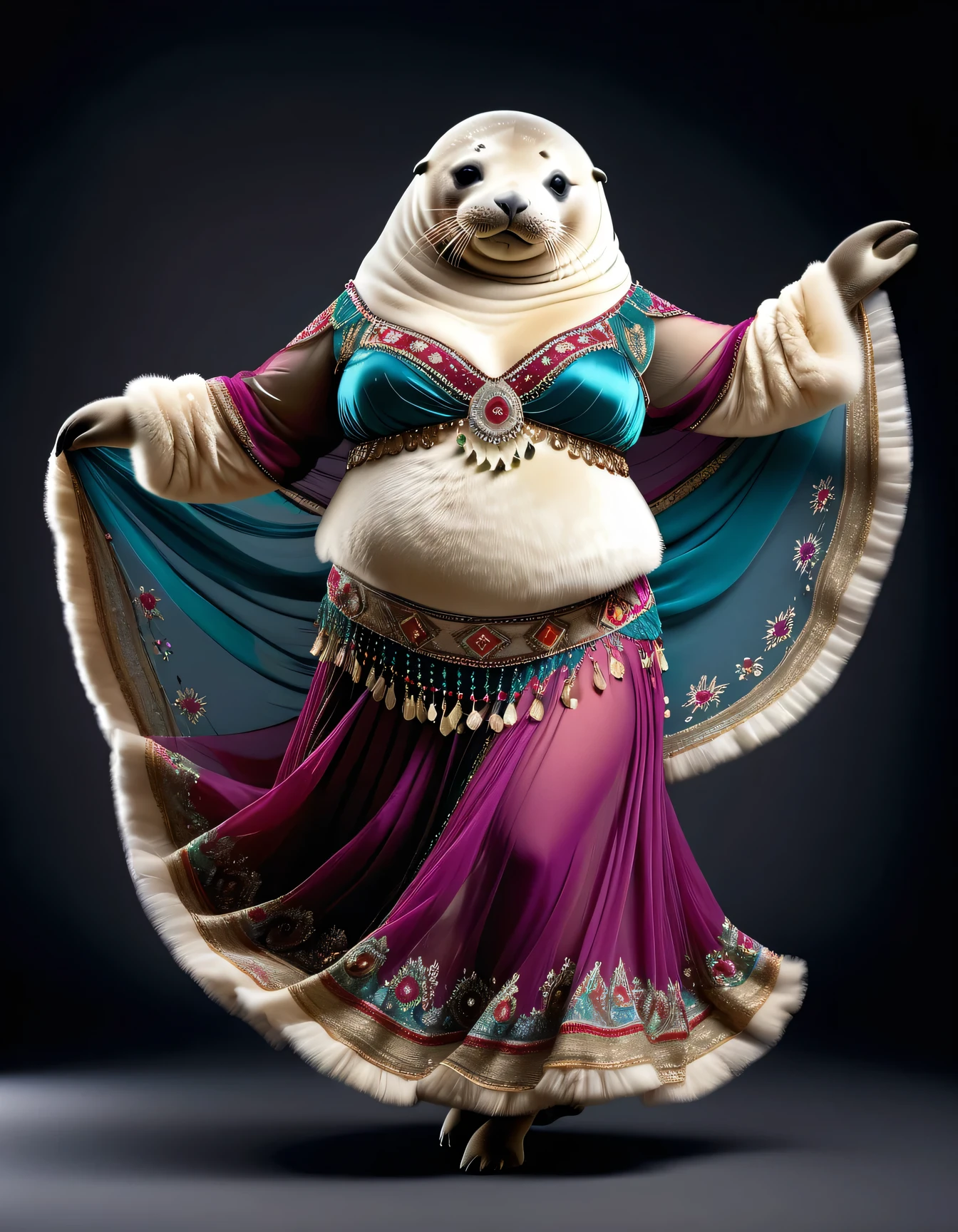 photorealistic portrait of Dressed animals - a ((fat)) ((seal)) dancer,(furry), (dynamic dancing:2.0), (swinging arms :2.0),(happy smile:1.2),high quality,(happy),(lovely) ,intricate details, (sheer veil), highly detailed (( gypsy belly dancing clothes)) ,highly detailed decorations of clothes, Wearing gypsy belly dancing clothes, , (happy), studio lighting,(full body image:1.5),simple background,(viewed from side:2.0),