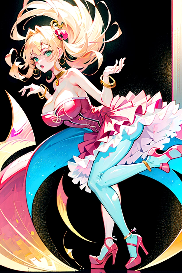 (masterpiece), best quality, expressive eyes, perfect face, Sexy female, (((bimbo))), blonde hair, (green eyes), huge fake breasts, huge butt, full body, (1girl), (fabulous pink dress), gold bracelets, pink choker, gold hoop earrings, pink high heels, (pink bedroom background), plump lips, pink lipstick, spoiled, smartphone, makeup, spoiled rotten, sex toy, white stockings