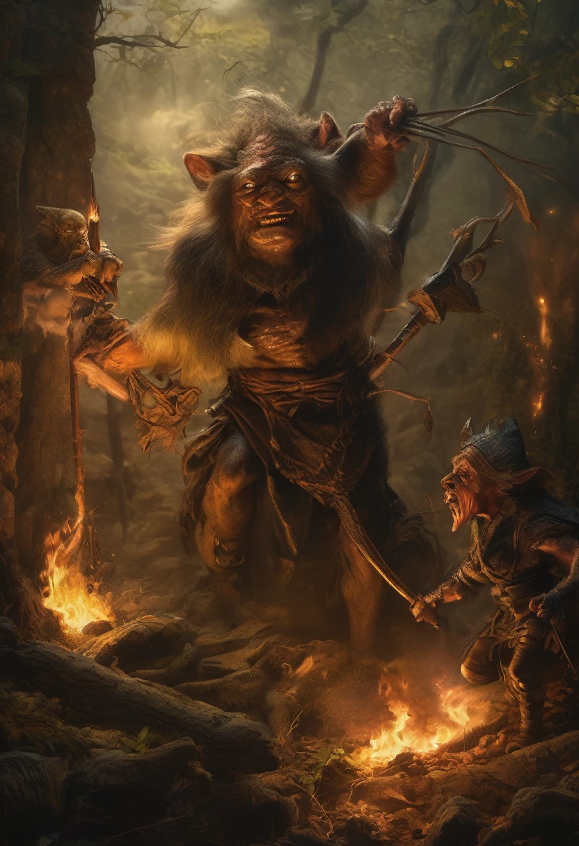 (Award-winning masterpiece:1.5), (incredible detail), (hyper realistic:1.4), (whole body:1.7), (brutal creature caught in a magical trap), (witches attacking with staffs and spells), (intense struggle), (detailed depiction of creature's rage), (dramatic lighting), (intricate details:1.1)