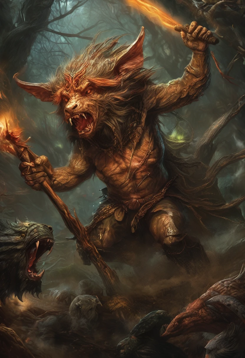 (Award-winning masterpiece:1.5), (incredible detail), (hyper realistic:1.4), (whole body:1.7), (brutal creature caught in a magical trap), (witches attacking with staffs and spells), (intense struggle), (detailed depiction of creature's rage), (dramatic lighting), (intricate details:1.1)