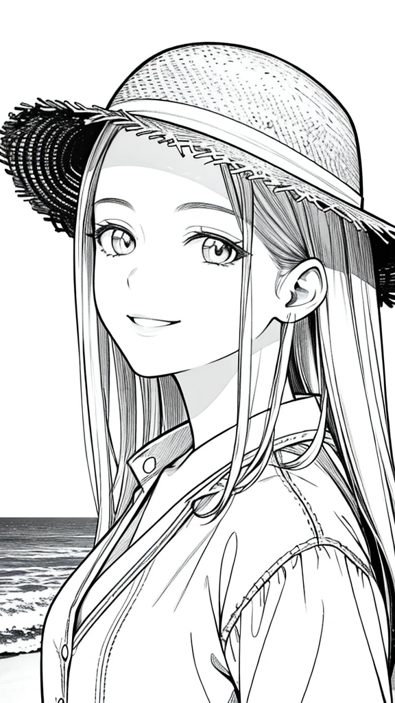 Masterpiece, best quality, (detailed background), high contrast, 1 girl,wearing straw hat, highly detailed face, wide shot portrait, smiling face,summer holiday shirt, looking to the sky,beach background, clean line drawings,black and white only