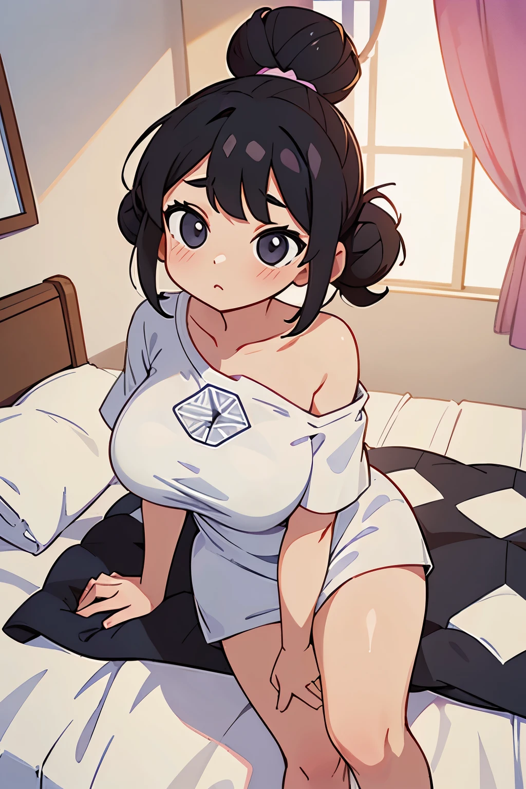21yo girl, black hair, bun Hair. (Wearing white with geometric pattern oversized t-shirt, off-shoulders, show cleavage), natural big breast, show big thigh, plump body, lying on the bed, seductive pose. In the bedroom.