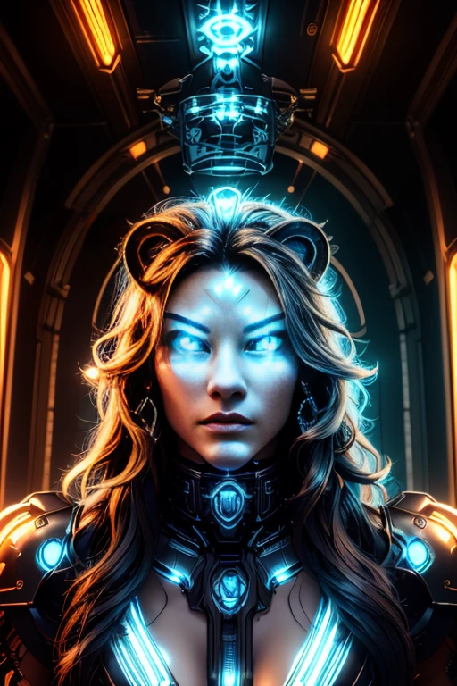 a cyberpunk humanoid lion, futuristic cyborg lion, mechanical lion, metal lion, robotic feline, intricate machinery, glowing eyes, neon lights,  fullbody, dark moody atmosphere, dynamic composition, cinematic lighting, vibrant colors, digital art, 8k, high quality, masterpiece, photorealistic
