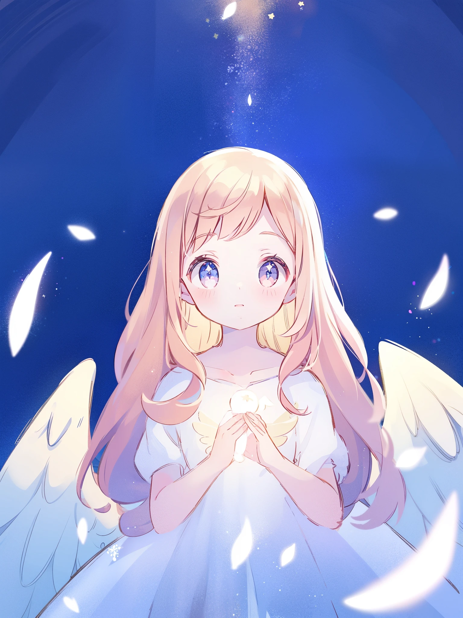 angel girl wearing an ethereal translucent dress, pale skin and light pink hair, white feathers, angel wings, sparkling detailed eyes, golden ratio face, perfect composition, highly detailed, ethereal, (starry night sky background), midjourney style