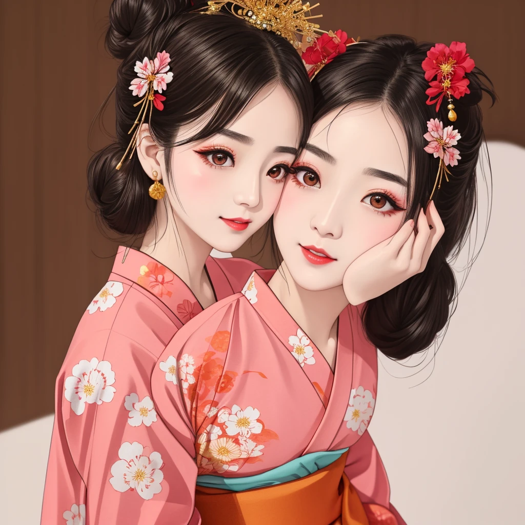 Each has a different expression２People and sisters、(２ girls）、｟Dancing traditional arts with grace)、((Big Breasts、Small Face、Not ))、Highest quality、masterpiece、（Black Hair、Bun Hair）、Brown Eyes、｟Wide angle、Angle from above the waist、雑誌の表紙のPause、Their gazes are different, gazing into the distance｠、(８K High Quality、masterpiece、High resolution、Realistic and beautiful light and shadow、(Highest quality)、(High Resolution)、(Very delicate and beautiful)、(Beautiful 8k face)、(With a smile、Beautiful eyes)、(Clear skin)、(Soft hair)、(８Head to Body)、(A Japanese-style yukata kimono with red, pink, orange and blue floral patterns on a white background, interspersed with gold powder、Wearing a yukata２Beautiful Japanese girls)、((Tanabata decoration background))、((Small Face))、(arms up)、Thin and small nose、（Red lipstick）、（Make your cheeks red）、（Glossy skin）、((Ink painting style))、Very thin eyebrows、Overall ultra-high image quality、（She is wearing maiko-style makeup.）、Whitening、Long and beautiful eyelashes、Glowing Skin、（Red cheeks）,Straight nose、masterpiece、Highest quality、whole body、 Eyebrows visible through hair、Bun Hair、Grin、Gal、コGal、Viewer's Eyes、Plaid、Stylish、woman、fine、Pause、
Waiting to start 
