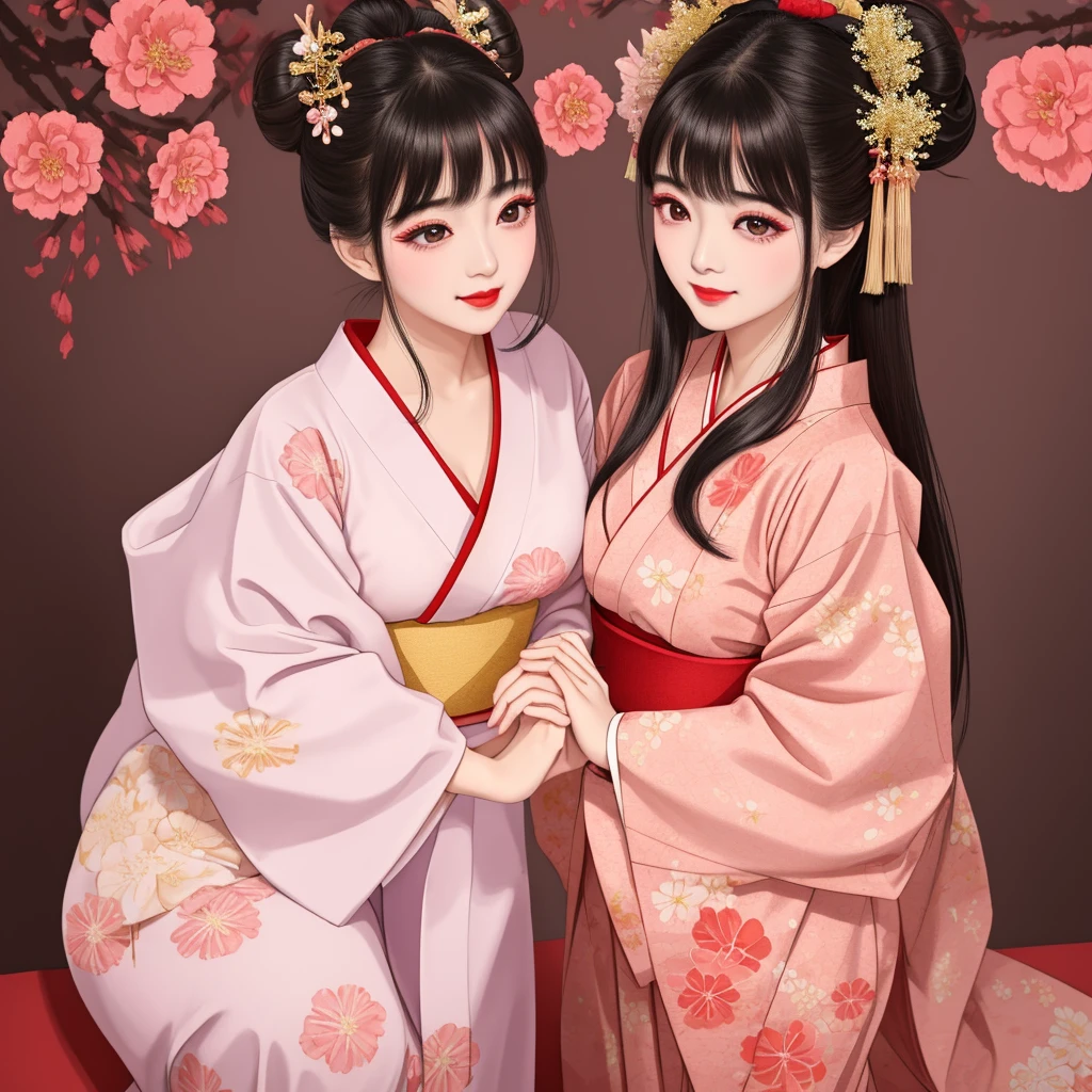 Each has a different expression２People and sisters、(２ girls）、｟Dancing traditional arts with grace)、((Big Breasts、Small Face、Not exposed))、Highest quality、masterpiece、（Black Hair、Bun Hair）、Brown Eyes、｟Wide angle、Angle from above the waist、雑誌の表紙のPause、Their gazes are different, gazing into the distance｠、(８K High Quality、masterpiece、High resolution、Realistic and beautiful light and shadow、(Highest quality)、(High Resolution)、(Very delicate and beautiful)、(Beautiful 8k face)、(With a smile、Beautiful eyes)、(Clear skin)、(Soft hair)、(８Head to Body)、(A Japanese-style yukata kimono with red, pink, orange and blue floral patterns on a white background, interspersed with gold powder、Wearing a yukata２Beautiful Japanese girls)、((Tanabata decoration background))、((Small Face))、(arms up)、Thin and small nose、（Red lipstick）、（Make your cheeks red）、（Glossy skin）、((Ink painting style))、Very thin eyebrows、Overall ultra-high image quality、（She is wearing maiko-style makeup.）、Whitening、Long and beautiful eyelashes、Glowing Skin、（Red cheeks）,Straight nose、masterpiece、Highest quality、whole body、 Eyebrows visible through hair、Bun Hair、Grin、Gal、コGal、Viewer&#39;s Eyes、Plaid、Stylish、woman、fine、Pause、
Waiting to start 
