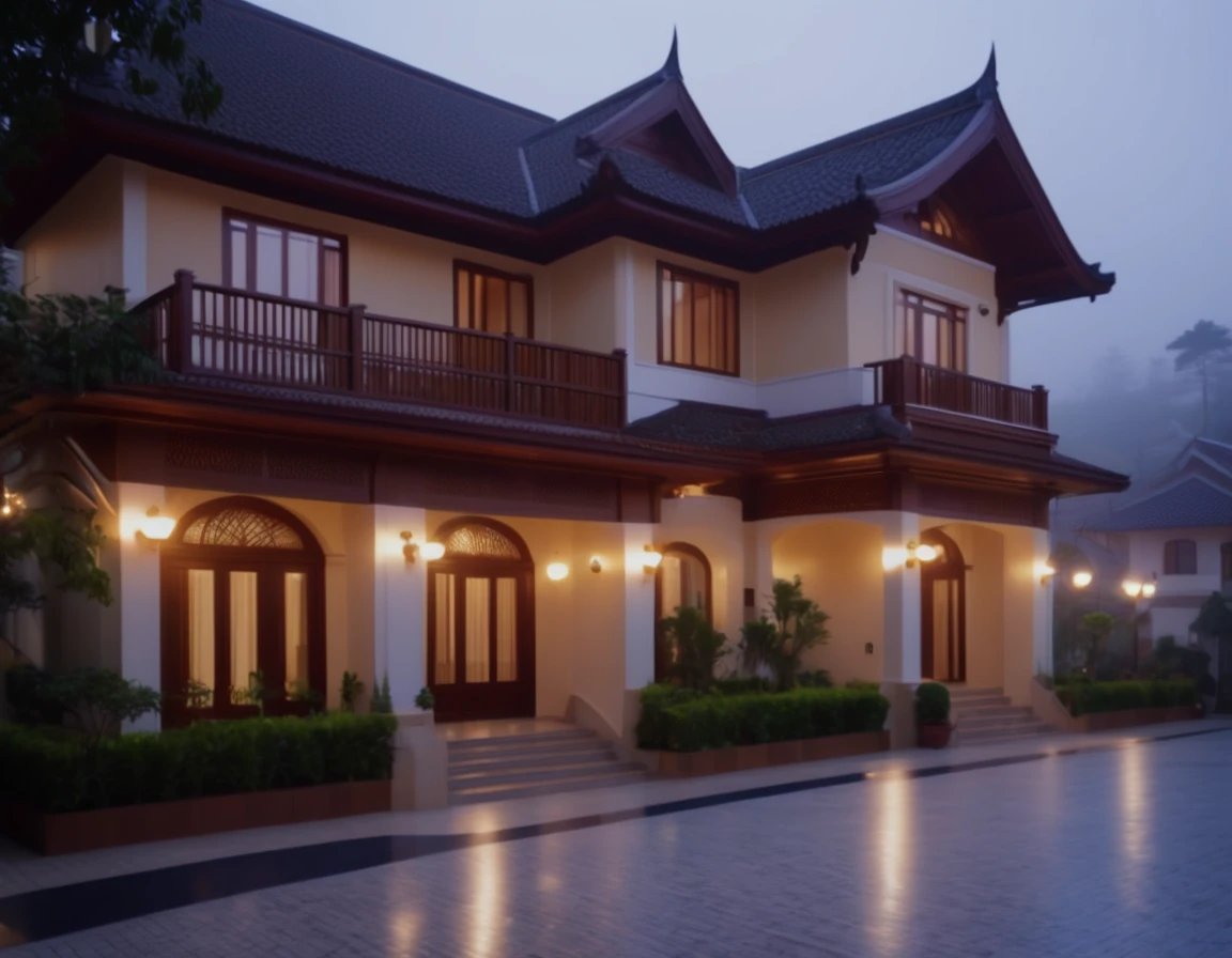 exterior of 5-storey hotel, ((12m frontage)), townhouse, tiled roof, Mediterranean style, foggy town background of Da Lat, impressive, impression, sharp and detailed, ((8k)), soothing and cozy landscape, peaceful wooden mansion, ((UHD)), 8k, high quality detail, super realistic attracted lighting