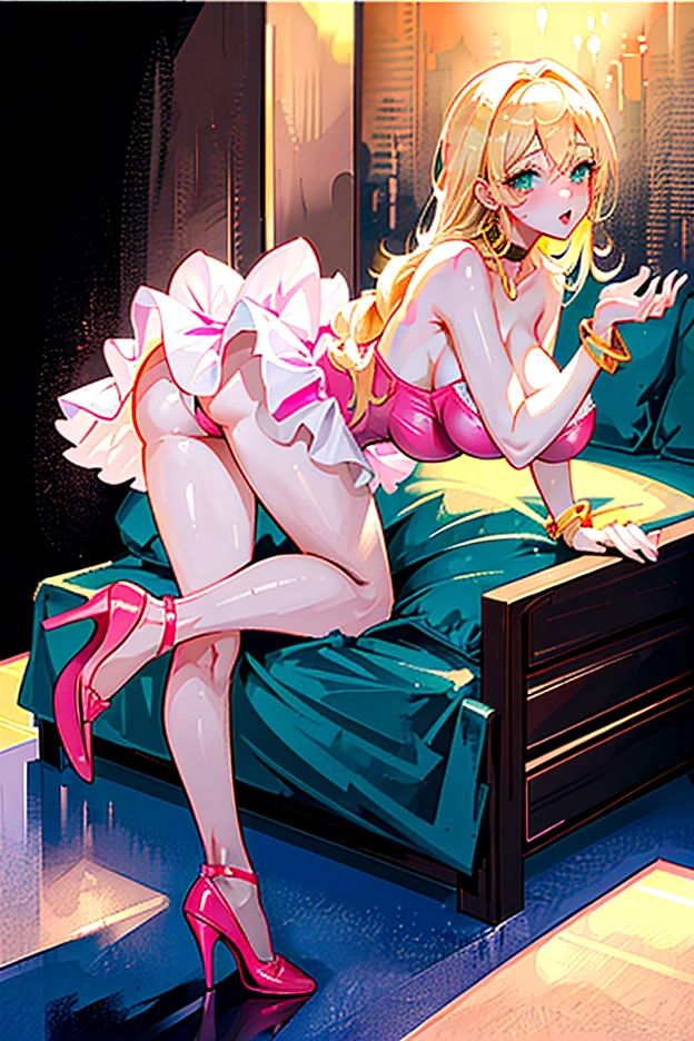 (masterpiece), best quality, expressive eyes, perfect face,  female, (((bimbo))), blonde hair, (green eyes), huge fake , huge , full body, (1girl), ( pink dress), gold bracelets, pink choker, gold hoop earrings, pink high heels, (pink bedroom background), plump lips, pink lipstick, spoiled, smartphone, makeup, spoiled rotten, , white stockings