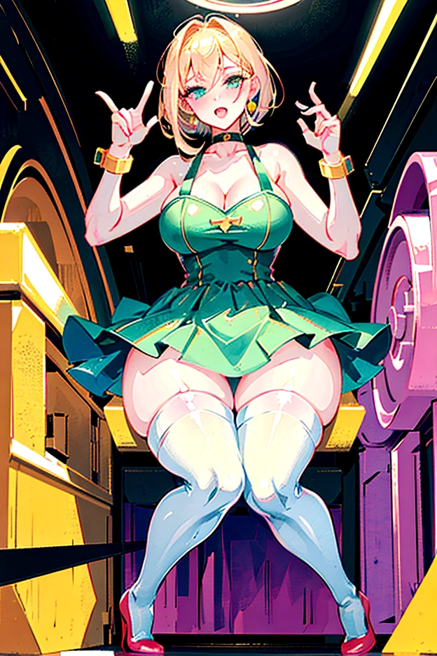 (masterpiece), best quality, expressive eyes, perfect face, Sexy female, (((bimbo))), blonde hair, (green eyes), huge fake breasts, huge butt, full body, (1girl), (skimpy pink dress), gold bracelets, pink choker, gold hoop earrings, pink high heels, (pink bedroom background), plump lips, pink lipstick, spoiled, smartphone, makeup, spoiled rotten, sex toy, white stockings