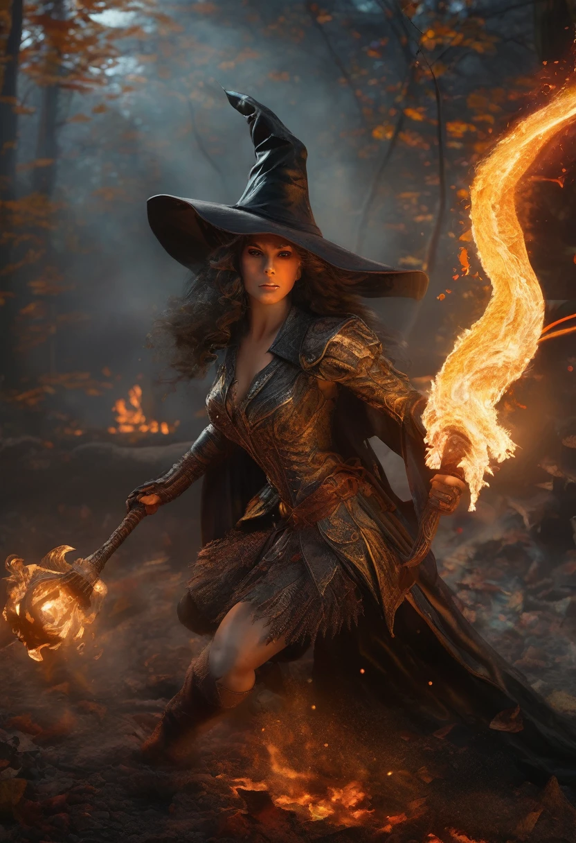 (Award-winning masterpiece:1.5), (incredible detail), (hyper realistic:1.4), (whole body:1.7), (witch charging with a torch), (brutal creature trying to shield itself), (fire reflecting in the creature's eyes), (detailed combat scene), (dramatic lighting), (intricate details:1.1)