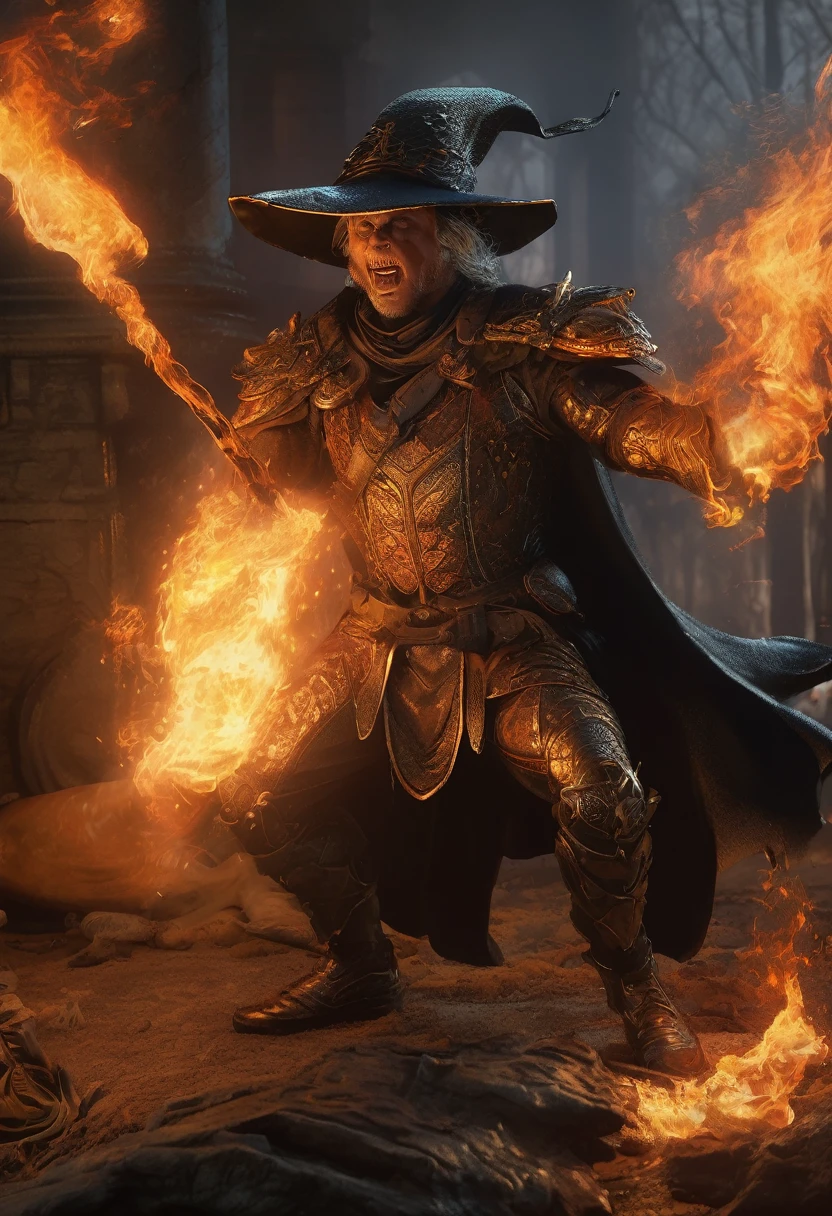 (Award-winning masterpiece:1.5), (incredible detail), (hyper realistic:1.4), (whole body:1.7), (witch charging with a torch), (brutal creature trying to shield itself), (fire reflecting in the creature's eyes), (detailed combat scene), (dramatic lighting), (intricate details:1.1)