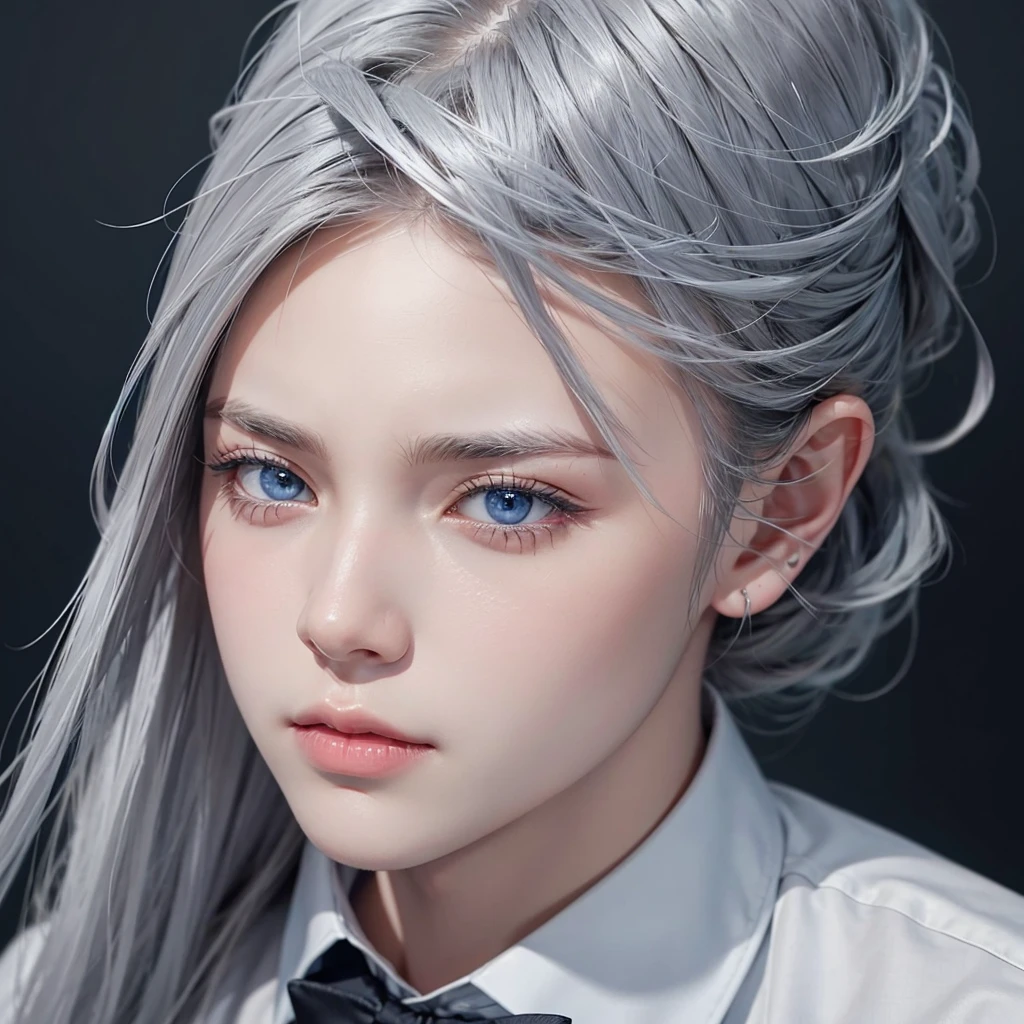 boy, Gray Hair, blue eyes, Serious and sharp features, White skin, Formal style, office