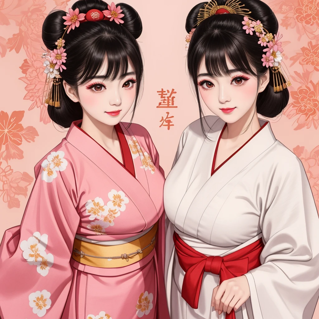 Each has a different expression２People and sisters、(２ girls）、｟Dancing traditional arts with grace)、((Big Breasts、Small Face、Not exposed))、Highest quality、masterpiece、（Black Hair、Bun Hair）、Brown Eyes、｟Wide angle、Angle from above the waist、雑誌の表紙のPause、Their gazes are different, gazing into the distance｠、(８K High Quality、masterpiece、High resolution、Realistic and beautiful light and shadow、(Highest quality)、(High Resolution)、(Very delicate and beautiful)、(Beautiful 8k face)、(With a smile、Beautiful eyes)、(Clear skin)、(Soft hair)、(８Head to Body)、(A Japanese style yukata kimono with red, pink and orange floral patterns on a white background, interspersed with gold powder、Wearing a yukata２Beautiful Japanese girls)、((Tanabata decoration background))、((Small Face))、(arms up)、Thin and small nose、（Red lipstick）、（Make your cheeks red）、（Glossy skin）、((Ink painting style))、Very thin eyebrows、Overall ultra-high image quality、（She is wearing maiko-style makeup.）、Whitening、Long and beautiful eyelashes、Glowing Skin、（Red cheeks）,Straight nose、masterpiece、Highest quality、whole body、 Eyebrows visible through hair、Bun Hair、Grin、Gal、コGal、Viewer&#39;s Eyes、Plaid、Stylish、woman、fine、Pause、
Waiting to start 
