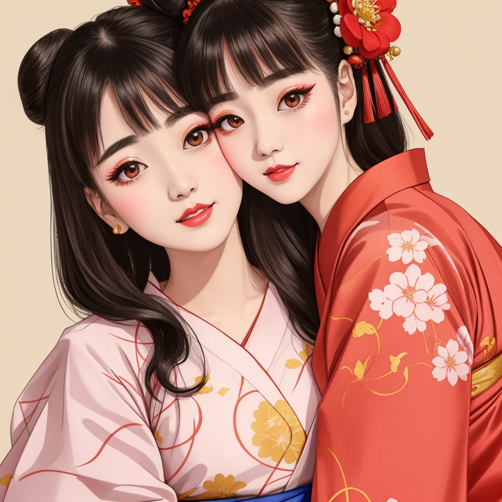 Each has a different expression２People and sisters、(２ girls）、｟Dancing traditional arts with grace)、((Big Breasts、Small Face、Not exposed))、Highest quality、masterpiece、（Black Hair、Bun Hair）、Brown Eyes、｟Wide angle、Angle from above the waist、雑誌の表紙のPause、Their gazes are different, gazing into the distance｠、(８K High Quality、masterpiece、High resolution、Realistic and beautiful light and shadow、(Highest quality)、(High Resolution)、(Very delicate and beautiful)、(Beautiful 8k face)、(With a smile、Beautiful eyes)、(Clear skin)、(Soft hair)、(８Head to Body)、(A Japanese style yukata kimono with red, pink and orange floral patterns on a white background, interspersed with gold powder、Wearing a yukata２Beautiful Japanese girls)、((Tanabata decoration background))、((Small Face))、(arms up)、Thin and small nose、（Red lipstick）、（Make your cheeks red）、（Glossy skin）、((Ink painting style))、Very thin eyebrows、Overall ultra-high image quality、（She is wearing maiko-style makeup.）、Whitening、Long and beautiful eyelashes、Glowing Skin、（Red cheeks）,Straight nose、masterpiece、Highest quality、whole body、 Eyebrows visible through hair、Bun Hair、Grin、Gal、コGal、Viewer&#39;s Eyes、Plaid、Stylish、woman、fine、Pause、
Waiting to start 
