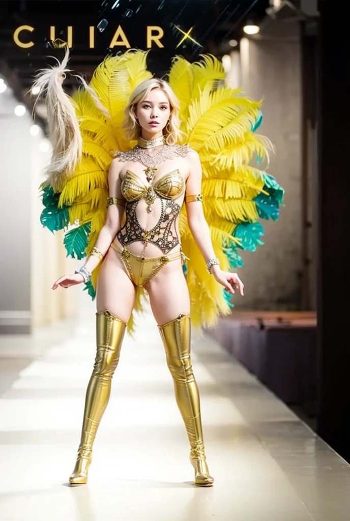 Cute 18 year old girl, Carnival Woman suit, short curly hair, blonde hair, beautiful face, rain, roof, masterpiece, exquisite details, perfect anatomy, fighting stance realistic
