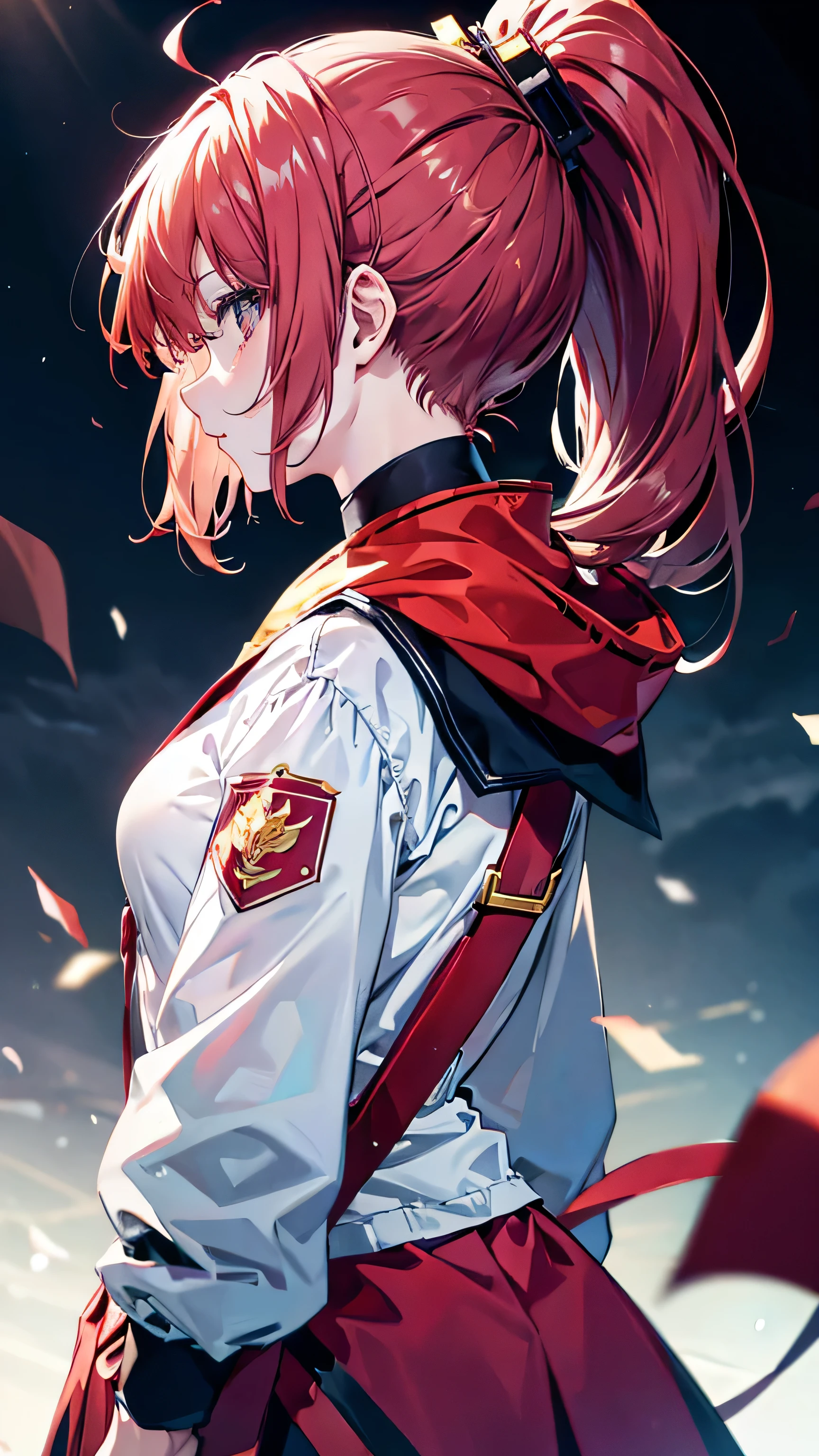 profile background, anime girl, serious face, ponytail, long red hair, blush, eyes yellow, student clothing, high-res portrait, detailed eyes and face, character, fantasy, advanced urban, looking from behind at viewer, 4K, high resolution