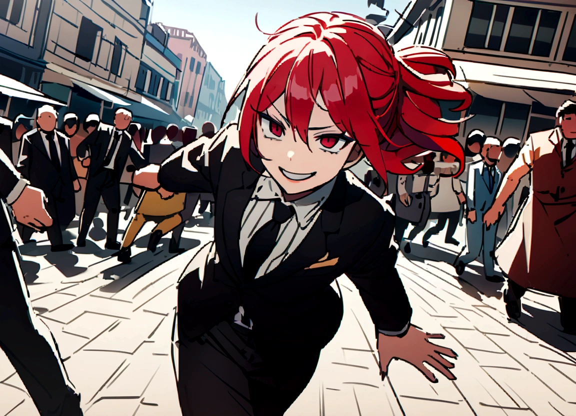 Red hair、Black suit、Black slacks、Wearing leather shoes、swinging a silver metal baseball bat、Scary smile、In town、Daytime、a lot of people
