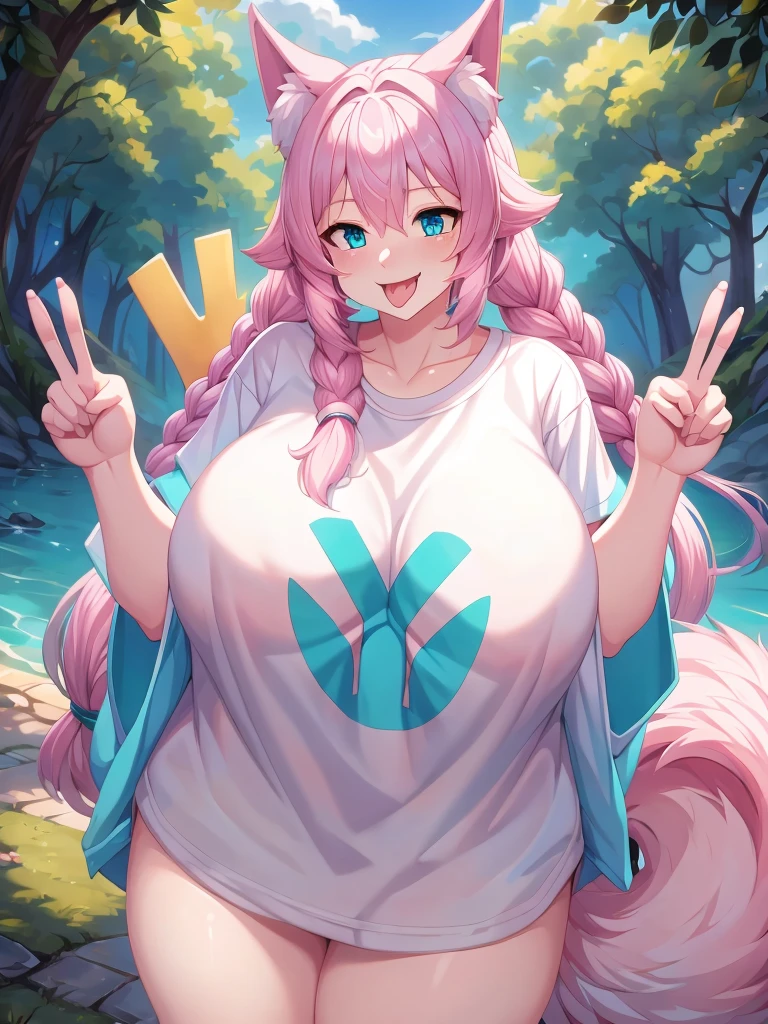 (Masterpiece) (High Detail) (High Res) a short  humanoid girl with pale human skin, bright turquoise-coloured eyes, long pink hair in a braid and large fluffy pink dog ears and a big fluffy pink dog tail and huge breasts wearing just a baggy oversized white t-shirt and holding up a peace sign to the viewer, and poking out her tongue. Pink Hair. Pink Tail.