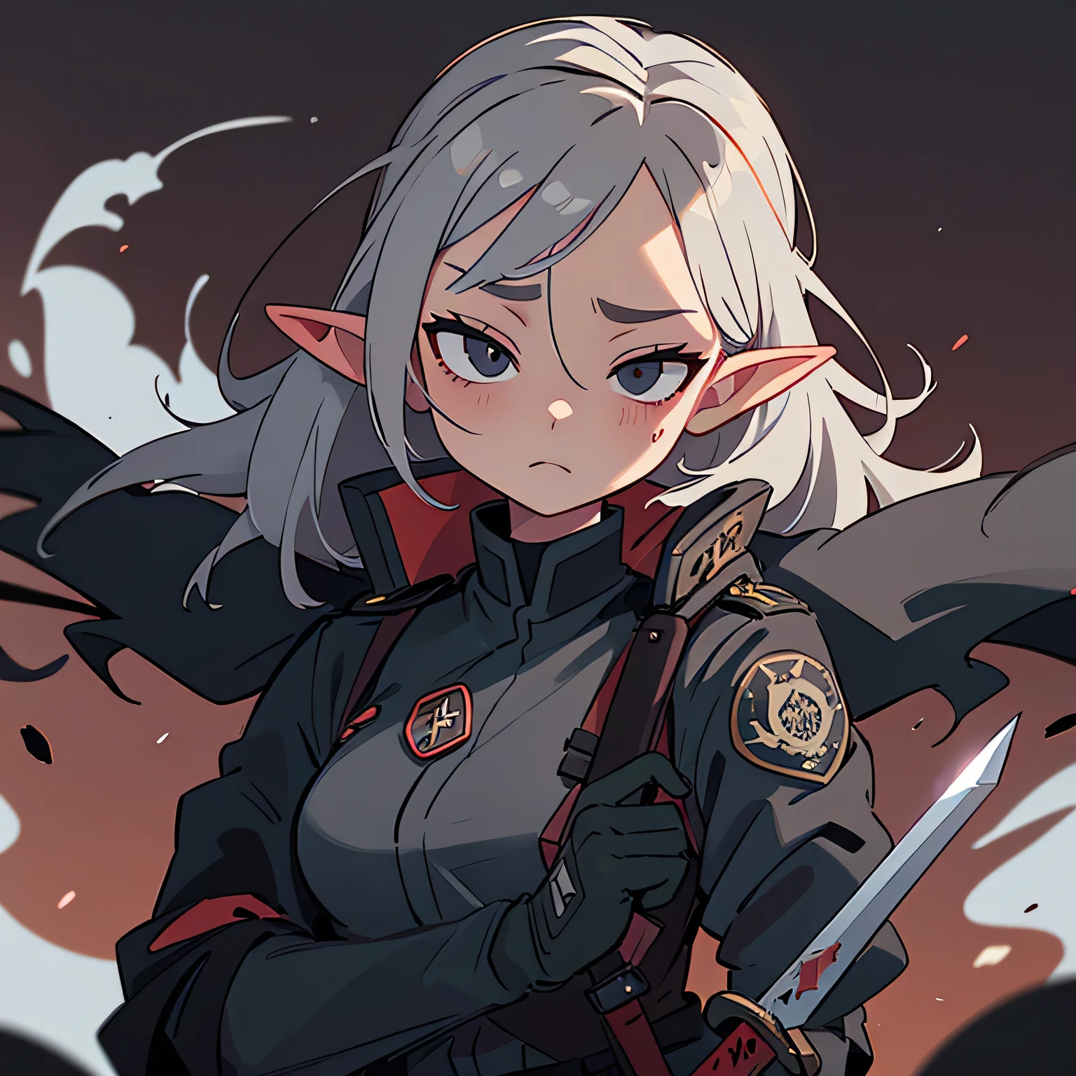 High quality, 4k, hd, grey hair, female, holding a gun with rounds, mask covering eyes, black military outfit, masterpiece, grim background, 1 girl, blood drenched clothes, sword on her back, steam coming out of eyes, elf ears, demon sword, alchemist background, magicam gem on forehead, all white gloves