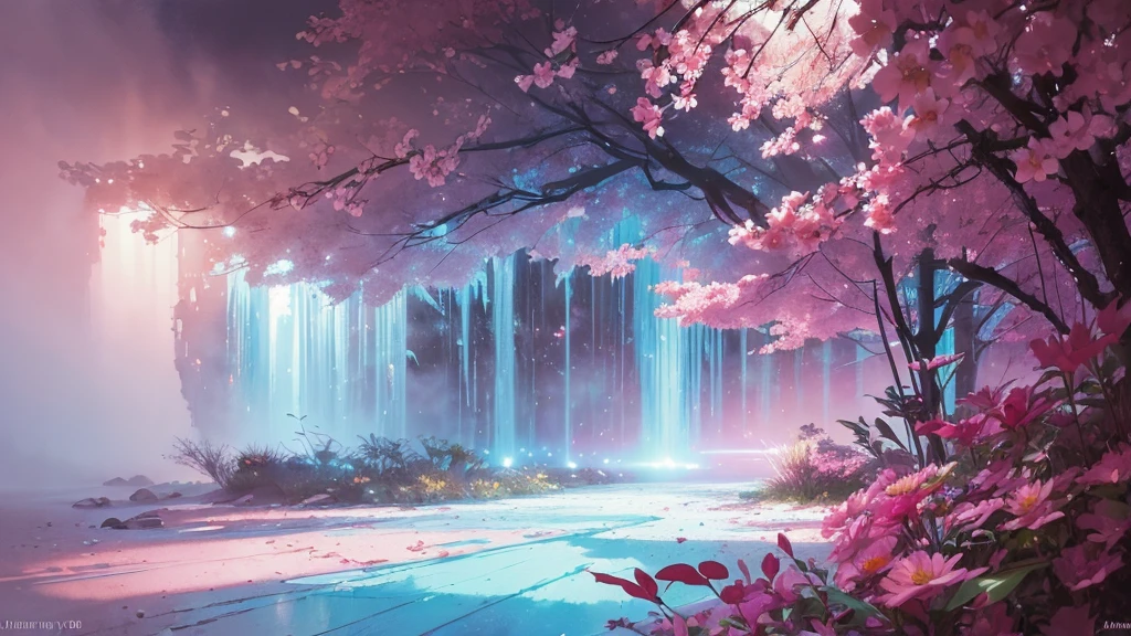 32k, Masterpiece, Highest quality, One girl, Detailed eyes, flower,Alstroemeria, Pink and light blue style,A dreamy, romantic piece,Pale yellow, Mysterious Leaves,A playful arrangement,Fantasy,High Contrast,Ink strokes,explosion,Exposure, Impression of pink and light blue tones,Abstract,((Watercolours by John Berkey and Jeremy Mann )) Brush strokes,Negative Space, Tyndall effect,