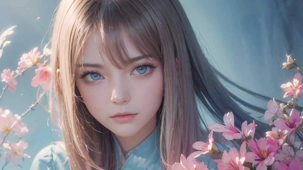 32k, Masterpiece, Highest quality, One girl, Detailed eyes, flower,Alstroemeria, Pink and light blue style,A dreamy, romantic piece,Pale yellow, Mysterious Leaves,A playful arrangement,Fantasy,High Contrast,Ink strokes,explosion,Exposure, Impression of pink and light blue tones,Abstract,((Watercolours by John Berkey and Jeremy Mann )) Brush strokes,Negative Space, Tyndall effect,