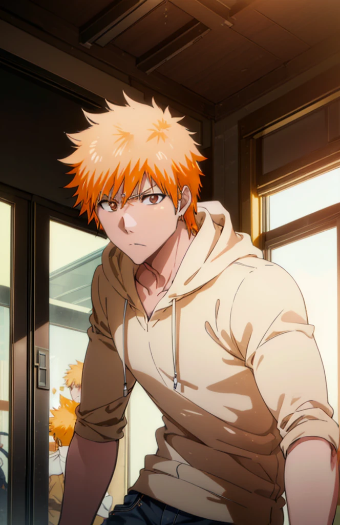 Ichigokurosaki, Ichigo Kurosaki, short hair, Orange Hair, Spiked Hair, (Brown eyes:1.5),
Oversized yellow hoodie,jeans,White sneakers,Walking,So that the whole body goes into the illustration,Daytime,Cold Sky,
break looking at viewer, Upper Body,
break indoors, classroom,
break (masterpiece:1.2), Highest quality, High resolution, unity 8k wallpaper, (figure:0.8), (Beautiful attention to detail:1.6), Highly detailed face, Perfect lighting, Highly detailed CG, (Perfect hands, Perfect Anatomy),