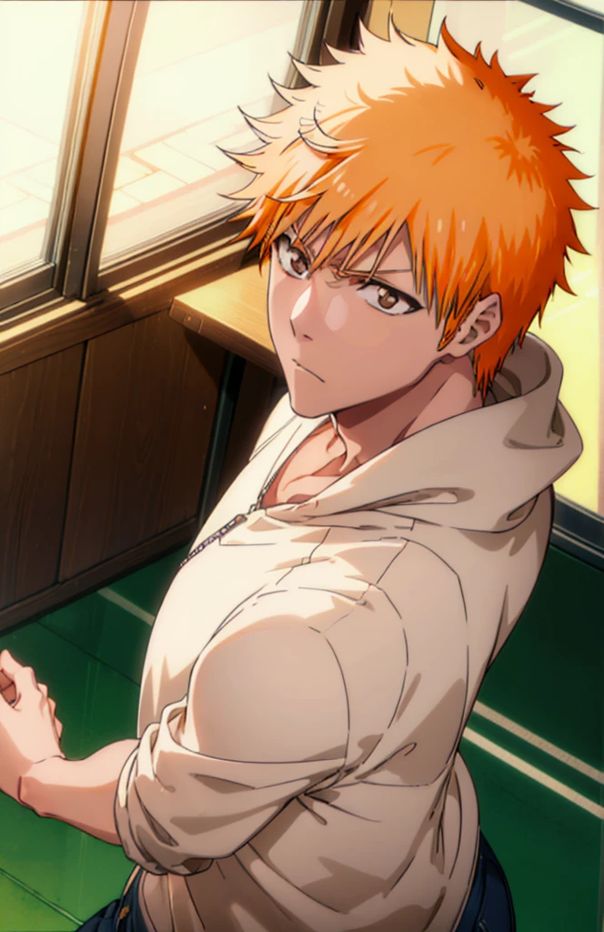Ichigokurosaki, Ichigo Kurosaki, short hair, Orange Hair, Spiked Hair, (Brown eyes:1.5),
Oversized yellow hoodie,jeans,White sneakers,Walking,So that the whole body goes into the illustration,Daytime,Cold Sky,
break looking at viewer, Upper Body,
break indoors, classroom,
break (masterpiece:1.2), Highest quality, High resolution, unity 8k wallpaper, (figure:0.8), (Beautiful attention to detail:1.6), Highly detailed face, Perfect lighting, Highly detailed CG, (Perfect hands, Perfect Anatomy),