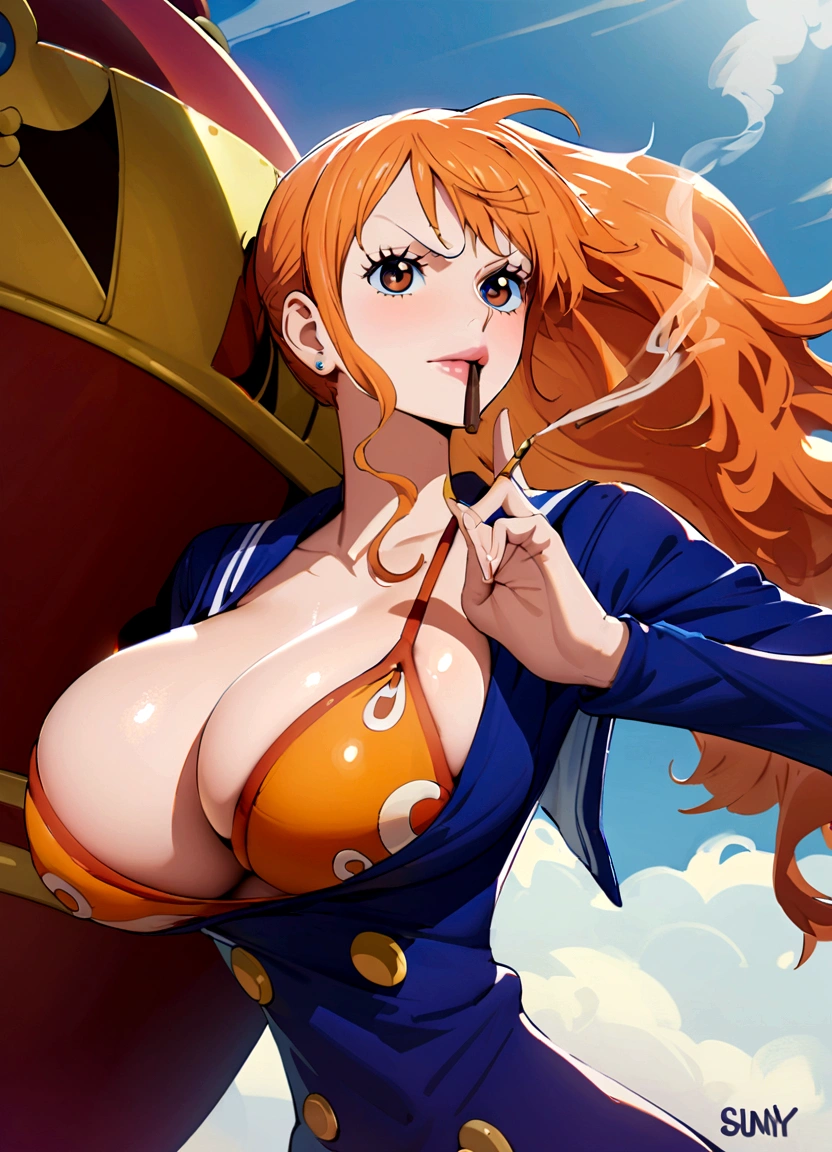 sailor girl with a big breast and a big breast, nami one piece, nami from one piece, beautiful portrait of nami, nami, from one piece, smoking, blue eyes