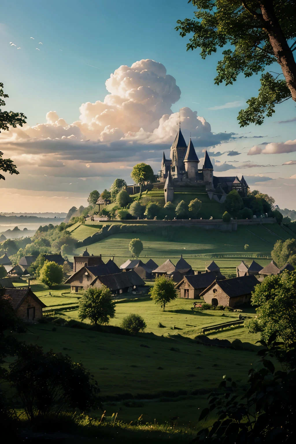 Fantasy forest with village in the distant