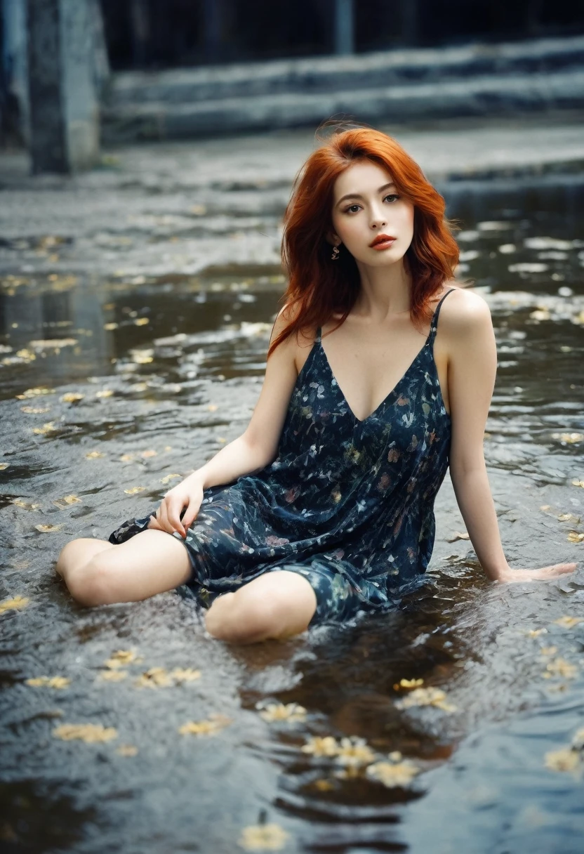 (Best Quality, HDR, raw selfie),redhead woman solo woman, FEET UP, TOES, socks, dreamy cumulus land, extraordinary, dress, flowing summer dress camisole evening, she's with the woman ((tongue)) intrudes, giant dark covers her dark hair, large masculine figure embraces, hidden, her toenails glossy, floating, mud the air molecules are alive, the background hand-painted MURAL biological machine, wiring machine spring, vast colors, painted background, (hand tinted amber), as she makes her way, no makeup, natural, ethereal lovely. FOREGROUND DETAILS, snowmelt, puddle reflections, dark shadows and DEEP colors,night, messy hair, film grain, retro, Porta 160 color, shot on ARRI ALEXA 65, long depth of field, raw
