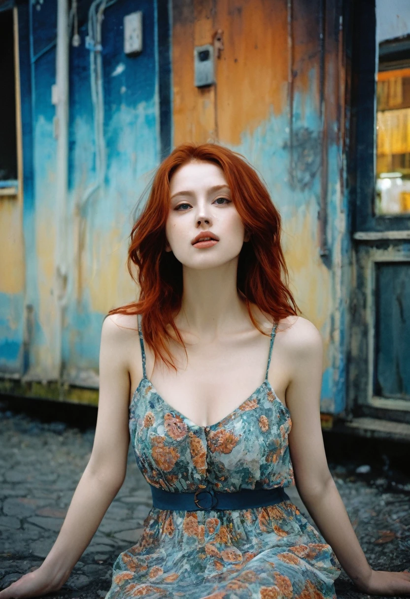 (Best Quality, HDR, raw selfie),redhead woman solo woman, FEET UP, TOES, socks, dreamy cumulus land, extraordinary, dress, flowing summer dress camisole evening, she's with the woman ((tongue)) intrudes, giant dark covers her dark hair, large masculine figure embraces, hidden, her toenails glossy, floating, mud the air molecules are alive, the background hand-painted MURAL biological machine, wiring machine spring, vast colors, painted background, (hand tinted amber), as she makes her way, no makeup, natural, ethereal lovely. FOREGROUND DETAILS, snowmelt, puddle reflections, dark shadows and DEEP colors,night, messy hair, film grain, retro, Porta 160 color, shot on ARRI ALEXA 65, long depth of field, raw