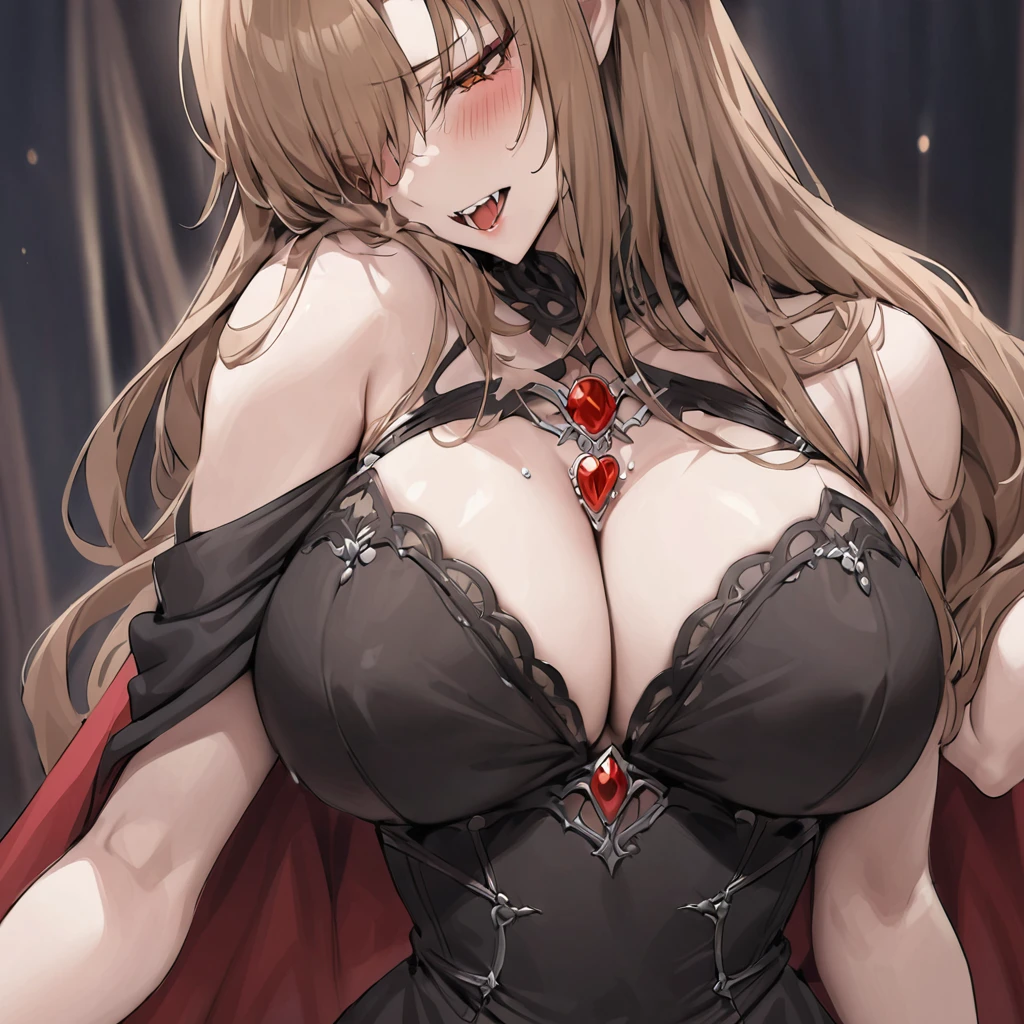 ((Highest quality)), ((masterpiece)), (detailed), （Perfect Face）、The woman is Yuuki Asuna, with medium-long brown hair, wearing a gorgeous jeweled black dress and a vampire cloak, and is embracing Count Dracula.