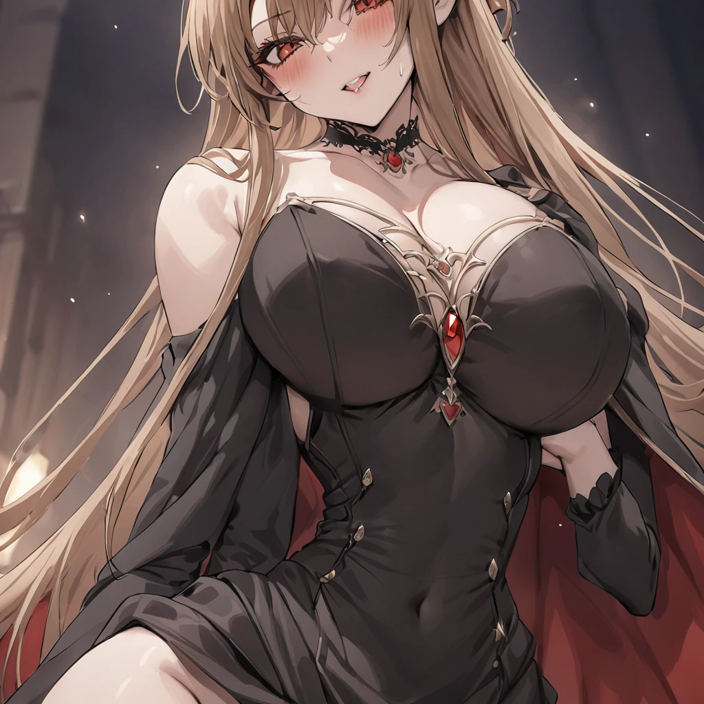 ((Highest quality)), ((masterpiece)), (detailed), （Perfect Face）、The woman is Yuuki Asuna, with medium-long brown hair, wearing a gorgeous jeweled black dress and a vampire cloak, and is embracing Count Dracula.