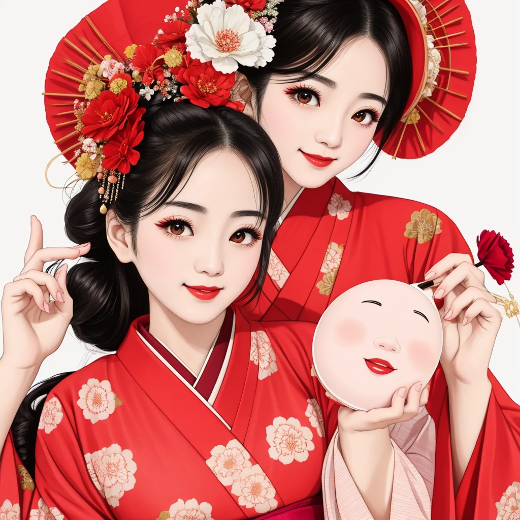 7 sisters, 7 girls with different faces and expressions, dancing gracefully, small faces, top quality, masterpieces, black hair, bun hair, wide angle, diagonally above the waist, magazine cover pose, 8K high resolution, Masterpiece, high resolution, realistic and beautiful light and shadow, top quality, high resolution, very delicate and beautiful, beautiful 8K face, smile and smile. Seven beautiful Japanese girls with eyes, transparent skin, soft hair, eight heads, Japanese style kimonos with red, pink and orange floral patterns on a white background, yukatas, small faces, thin and small noses, red lipstick , glossy skin, very thin eyebrows, overall super high resolution, Maiko-style makeup, fair skin, long and beautiful eyelashes, glossy skin, red cheeks, holding a flower hat prop in one hand, dance, Kasa Odori, Kasanihi Odori, Japan Dance, festival, movie poster style