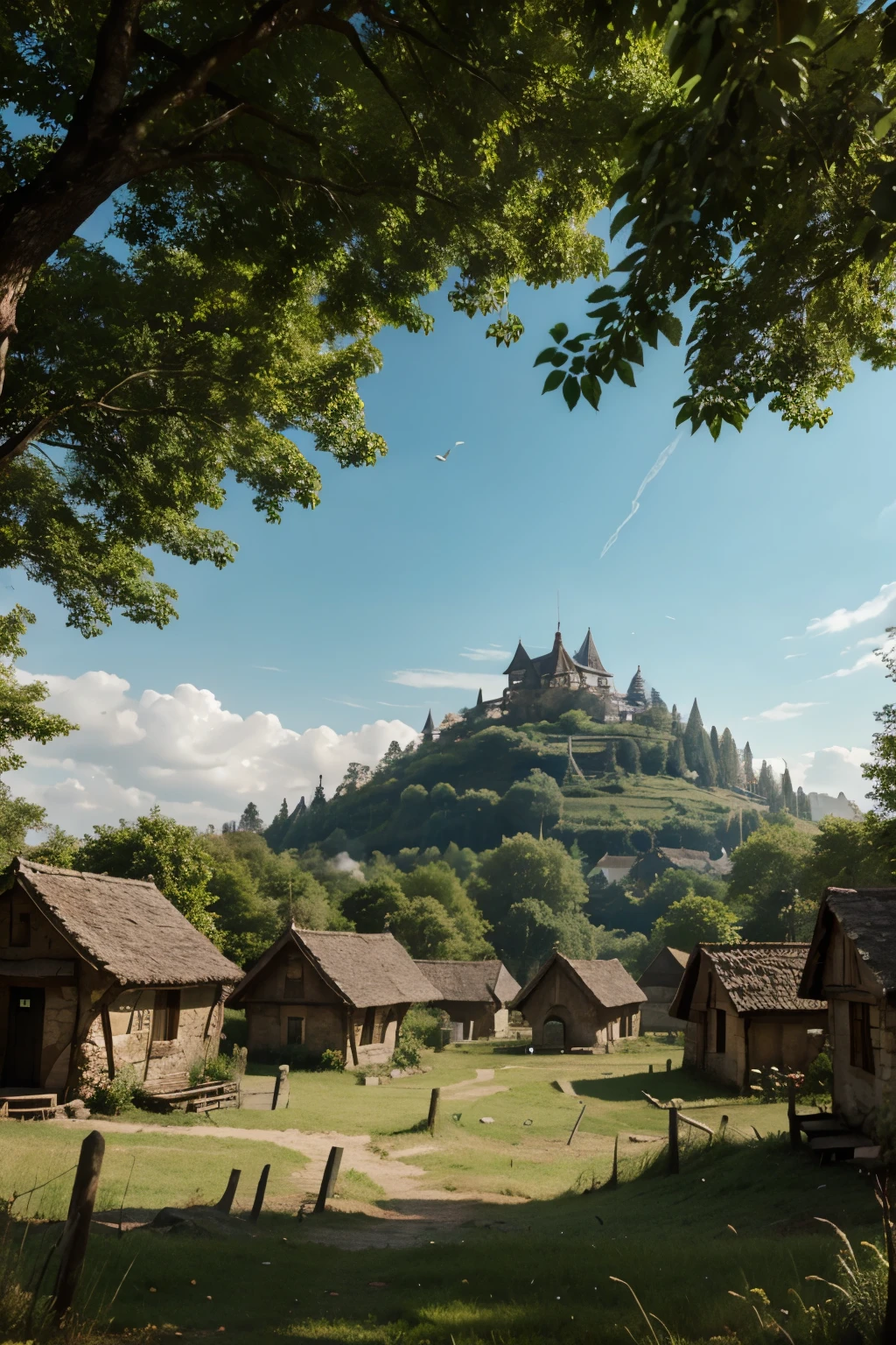 Fantasy forest with village in the distant