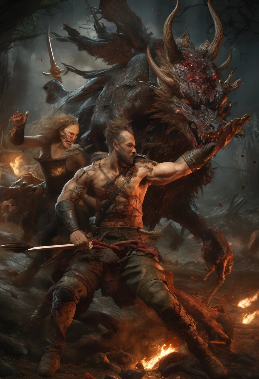 (Award-winning masterpiece:1.5), (incredible detail), (hyper realistic:1.4), (whole body:1.7), (brutal creature wounded), (witches pressing the attack), (arrows and spells piercing the creature), (detailed depiction of wounds and blood), (dramatic lighting), (intricate details:1.1)