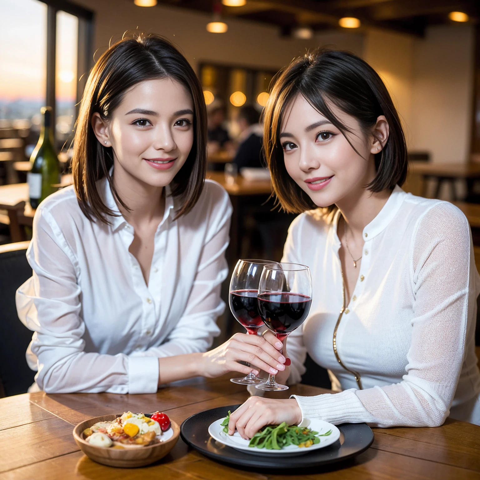 ((Highest quality、8K、masterpiece:1.3))、 (Ultra-realistic、 Genuine、Bright image、Intricate details:1.2), 最高のsmile、1 male、1 female、Beautiful couple、love love love、spouse、spouse、Good friends、actress couple、smile、Full-course dinner at a packed table、 (Slim face), (the body is slim), (Brown Hair), (short hair), テーブルのwine glass、Please shine a light on my face、 Amazing view of the sunset sky and clouds、, red wine 、Appetizers、Wine bottle、sparkling wine、Long sleeve shirt、dress、White wine, red wine, wine glass,