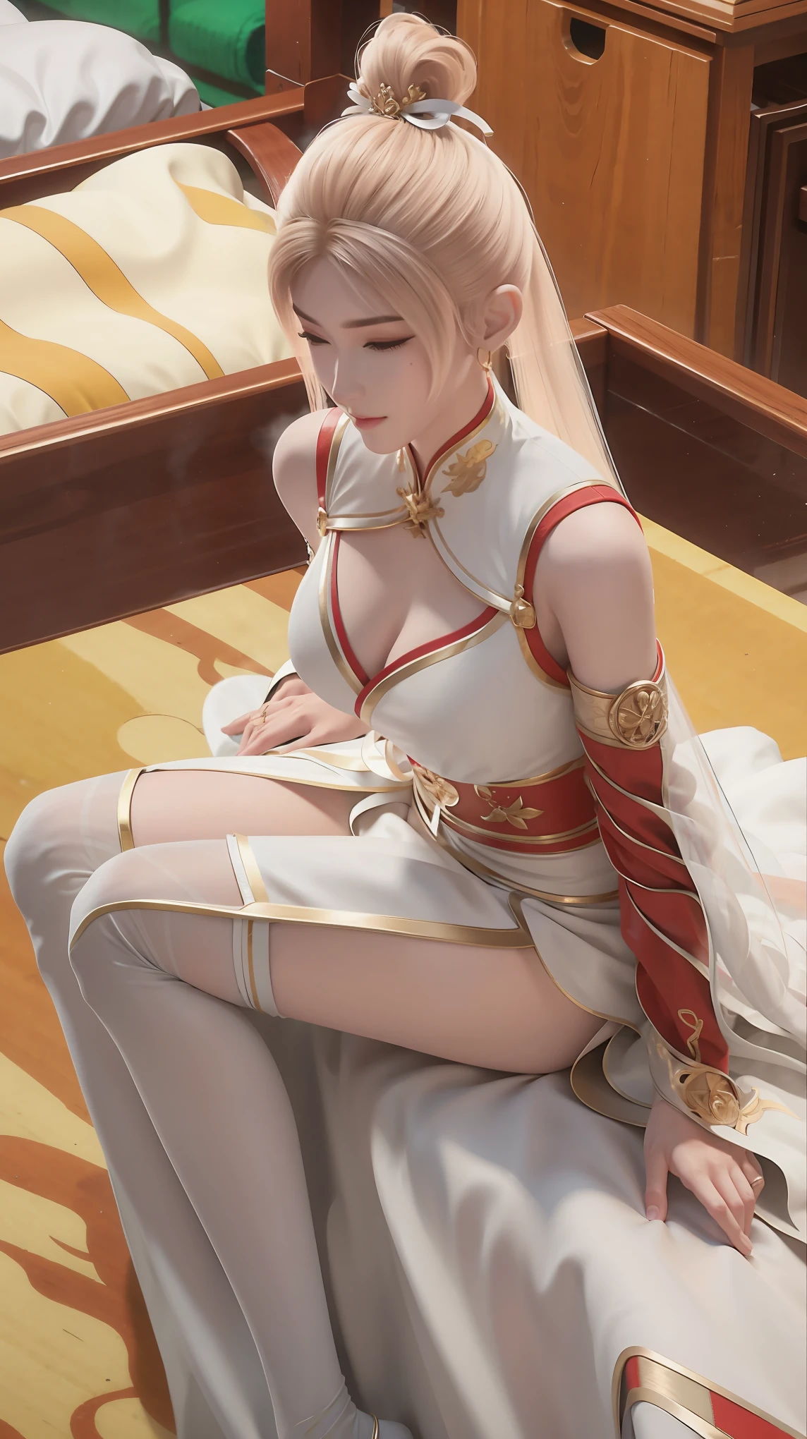 一个女孩Lying in bed,Face up,Raise your legs slightly,Frontal super detailed beautiful girl s old. Ultra HD, 4K, 8K, Movie,whole body,Long legs,whole body捕捉,(((whole bodyLying in bed))),Big white bed,Off-shoulder,Shoulder to shoulder,Lying in bed,Headrest pillows
