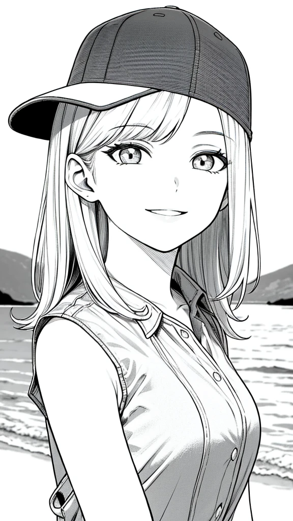 Masterpiece, best quality, (detailed background), high contrast, 1 girl,wearing trucker hat, highly detailed face, wide shot portrait, smiling face,casual summer holiday sleeveless shirt, looking to the sky,beach background, clean line drawings,black and white only