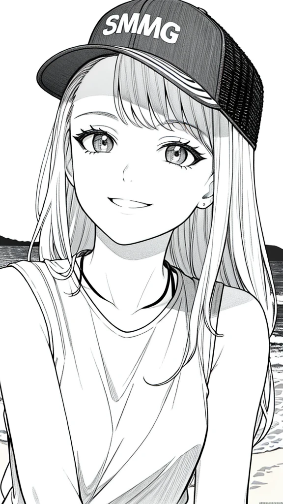 Masterpiece, best quality, (detailed background), high contrast, 1 girl,wearing trucker hat, highly detailed face, wide shot portrait, smiling face,casual summer holiday sleeveless shirt, looking to the sky,beach background, clean line drawings,black and white only