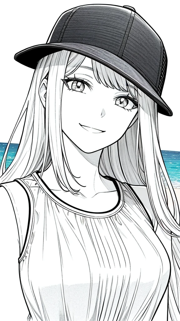 Masterpiece, best quality, (detailed background), high contrast, 1 girl,wearing trucker hat, highly detailed face, wide shot portrait, smiling face,casual summer holiday sleeveless shirt, looking to the sky,beach background, clean line drawings,black and white only