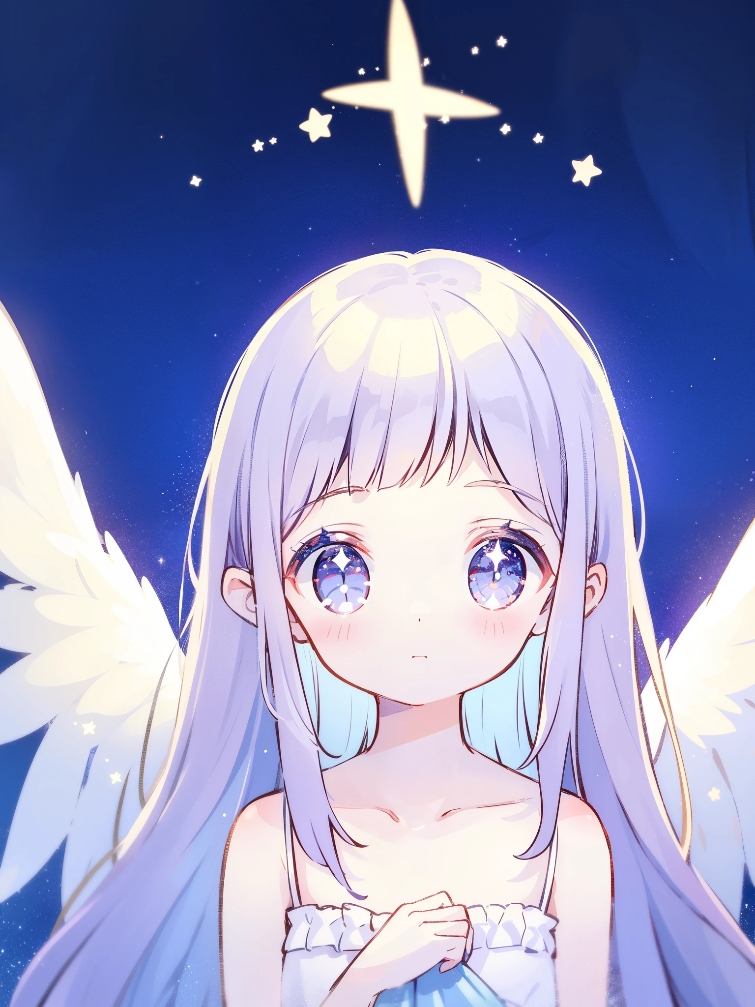 angel girl wearing an ethereal translucent dress, pale skin, blue mint purple gradient hair, white feathers, angel wings, sparkling detailed eyes, golden ratio face, perfect composition, highly detailed, ethereal, (starry night sky background), midjourney style