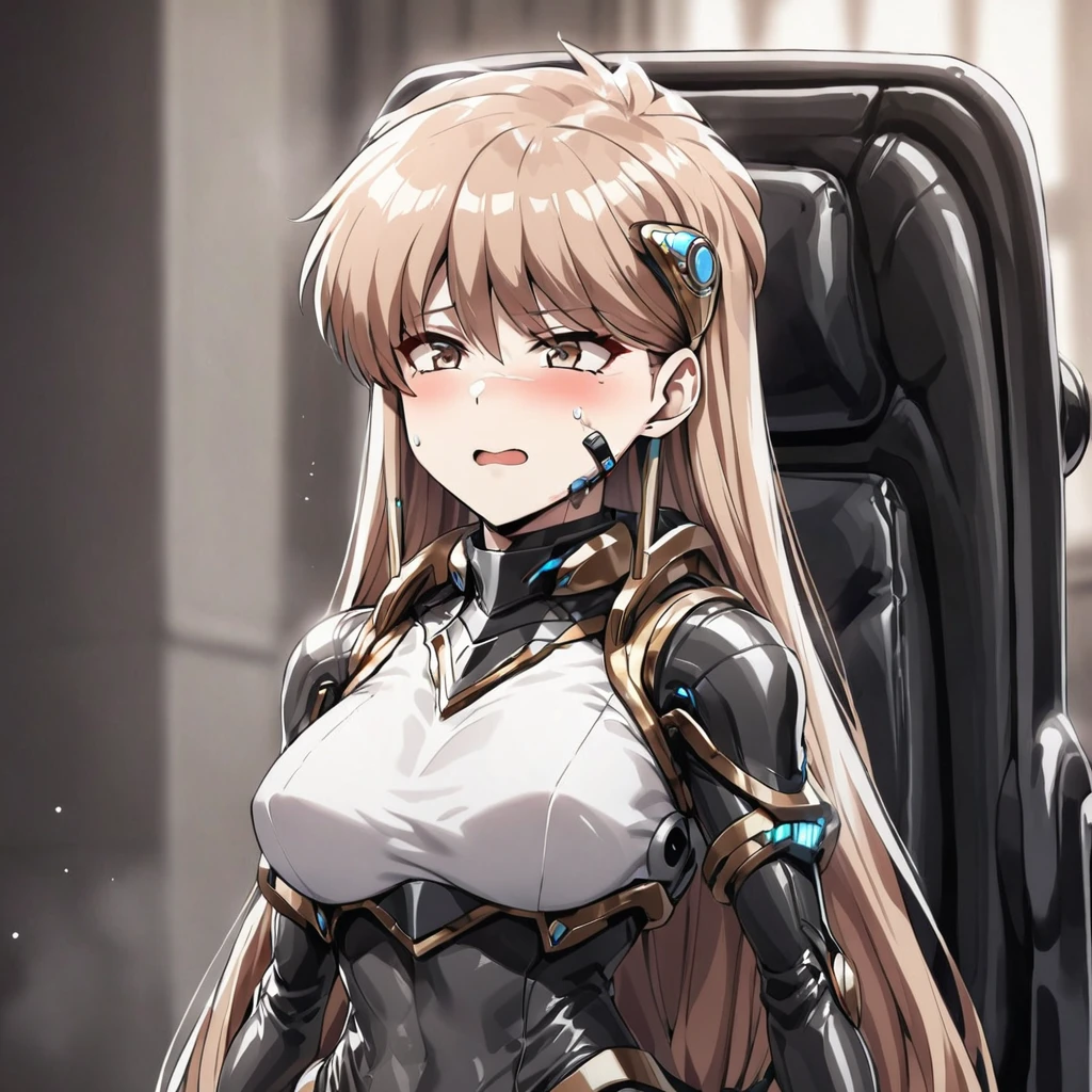 ((Highest quality)), ((masterpiece)), (detailed), （Perfect Face）、The woman is Princess Leona, with light brown, medium-long hair.々He was restrained by being made to wear a shiny body suit connected to various cords and machines, and made to sit in a mechanical chair-type brainwashing device that was bigger than his height.々They are connected to a device that has brainwashed and modified them.、The woman is being brainwashed with a blank look on her face as she is treated with a brainwashing device.