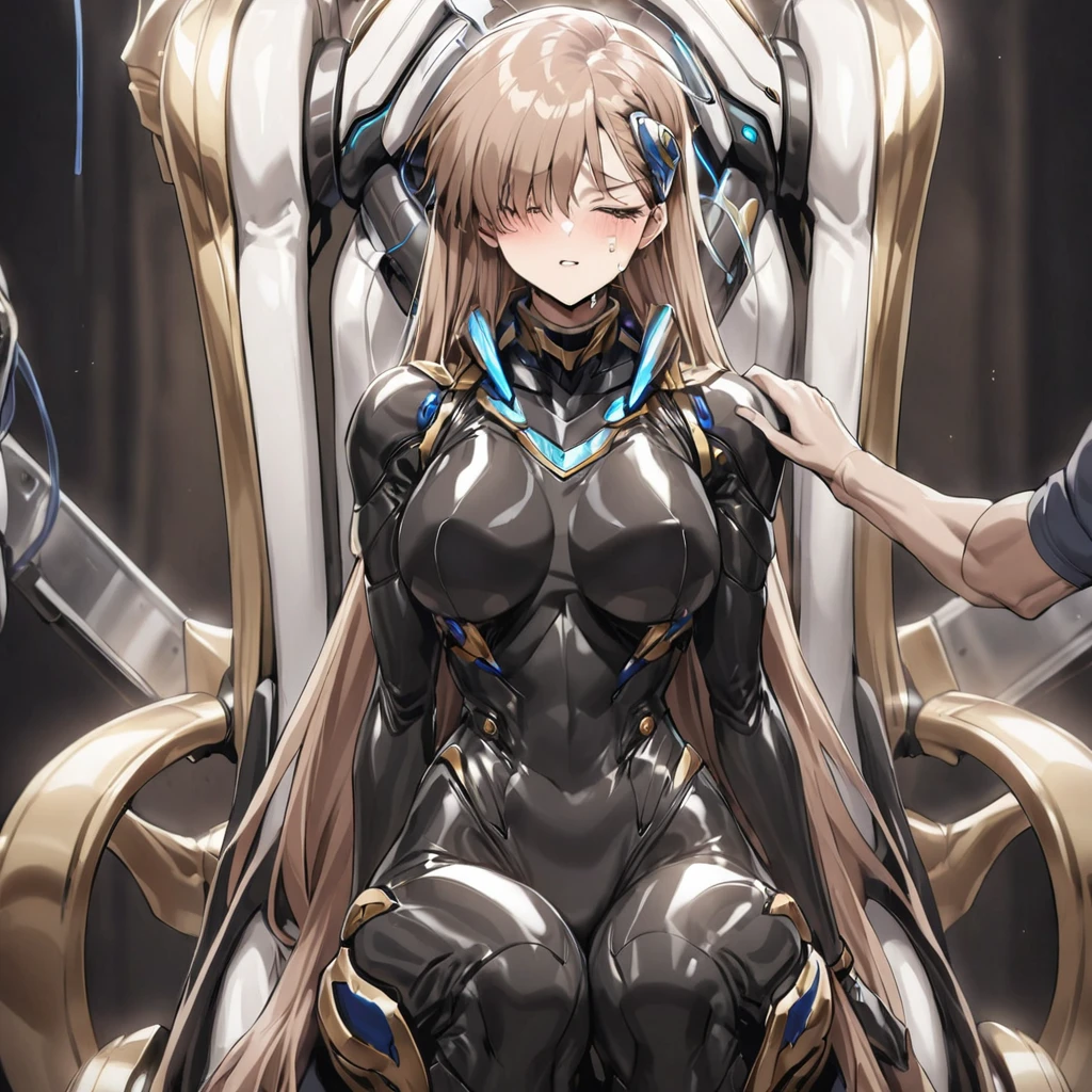 ((Highest quality)), ((masterpiece)), (detailed), （Perfect Face）、The woman is Princess Leona, with light brown, medium-long hair.々He was restrained by being made to wear a shiny body suit connected to various cords and machines, and made to sit in a mechanical chair-type brainwashing device that was bigger than his height.々They are connected to a device that has brainwashed and modified them.、The woman is being brainwashed with a blank look on her face as she is treated with a brainwashing device.