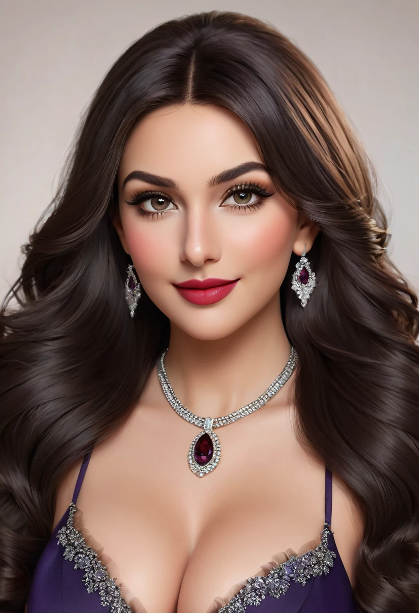 Visual Description of Violet Myers Hair:

dark, usually black or dark brown.
long, wavy and glamorous.
Eyes:

dark browns, nutty.
Long and thick eyelashes.
fur:

light tan, Soft and well cared for.
Height:

Approximately 1.60 m (5'3").
figure:

curvilinear, with an hourglass-shaped figure.
Prominent bust, narrow waist, Wide hips.
face:

Oval, with high cheekbones.
Straight nose and full lips.
Clothing and Style:

Tight and revealing clothing, preferably colors like black and red.
Statement jewelry like large earrings and necklaces.
expression:

Confidence and charisma in your eyes.
Friendly and welcoming smile.